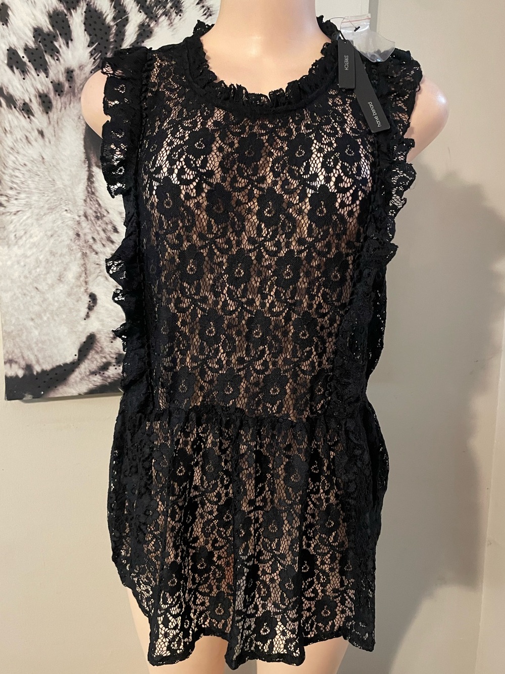Harve Benard Lace Ruffled Sleeveless Blouse Y2K cutout back detail Goth Large